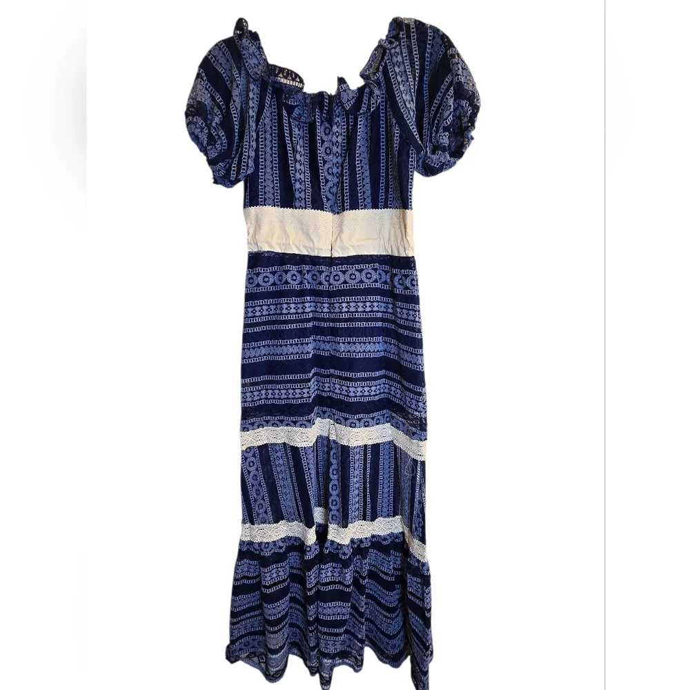 Malta Blue Lace Maxi Dress | Puff Sleeve Boho Cottagecore | Size M - Picture 2 of 7